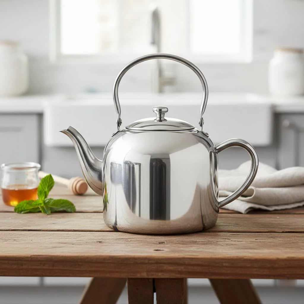 Different types of teapots on a wooden table