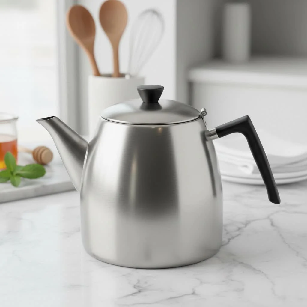 Close-up of a glass teapot with a stainless steel infuser brewing loose leaf tea